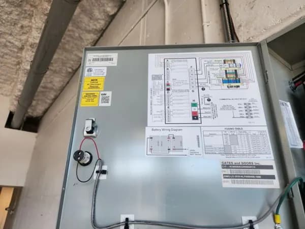Commercial garage door operator control panel opened for diagnostics